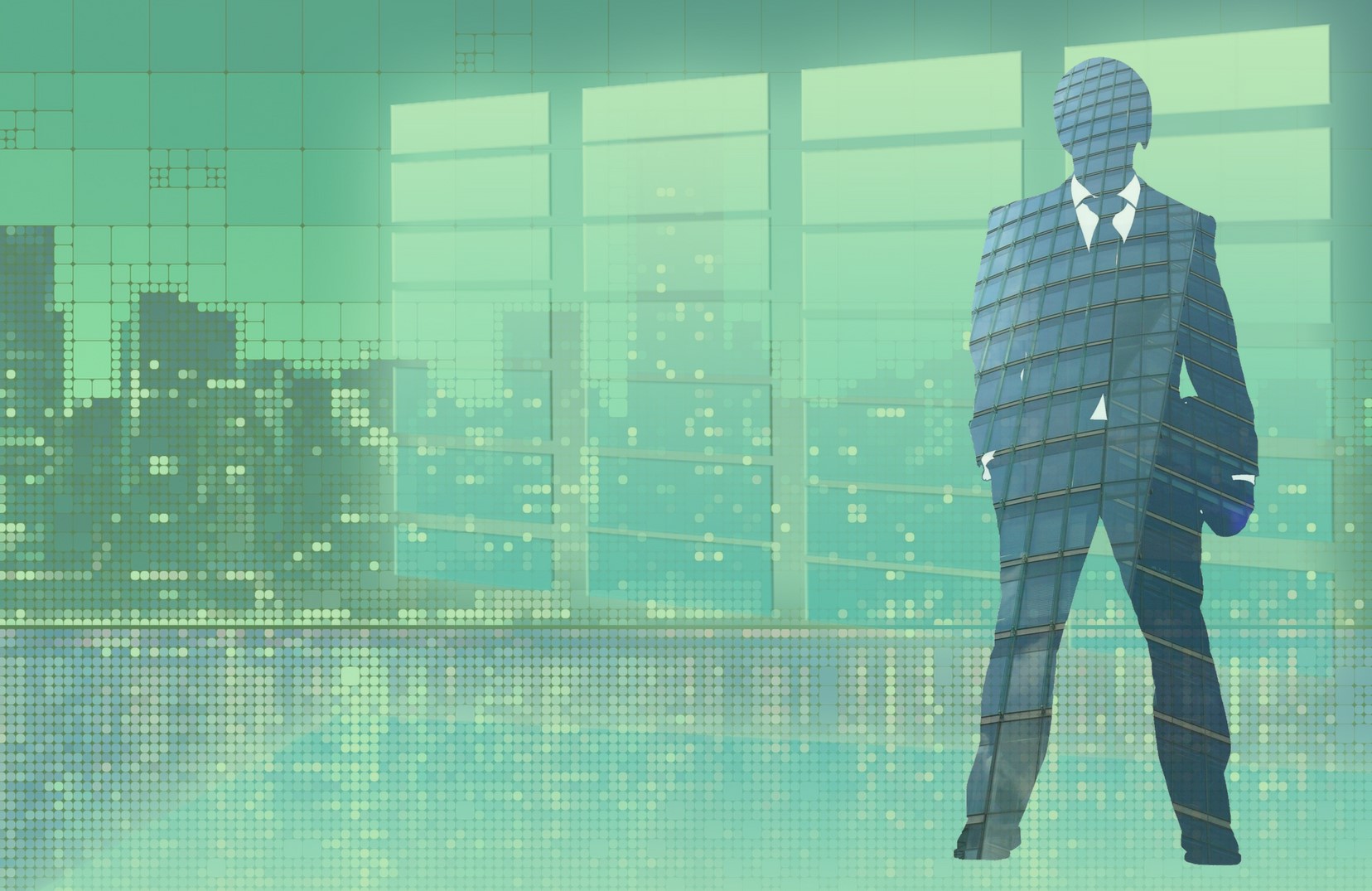 Silhouette of a corporate employee against tech dots background